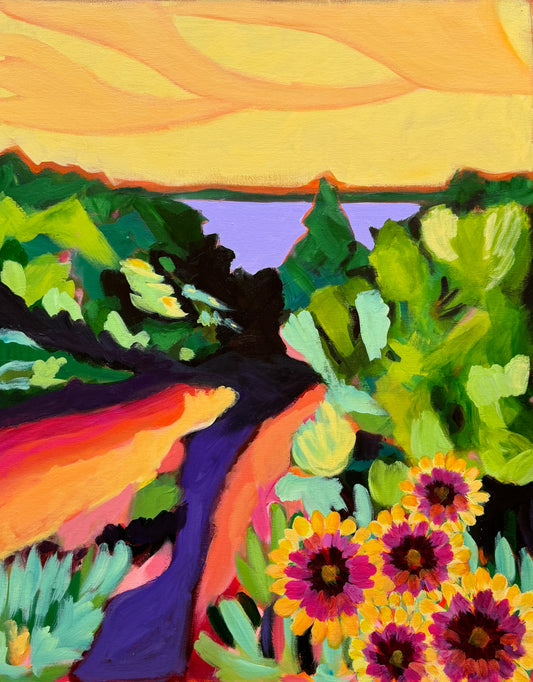 Bright abstract painting, lake view with Gaillardia wildflowers in the foreground. Main colors are yellow sky lilac lake, orange path and green trees.
