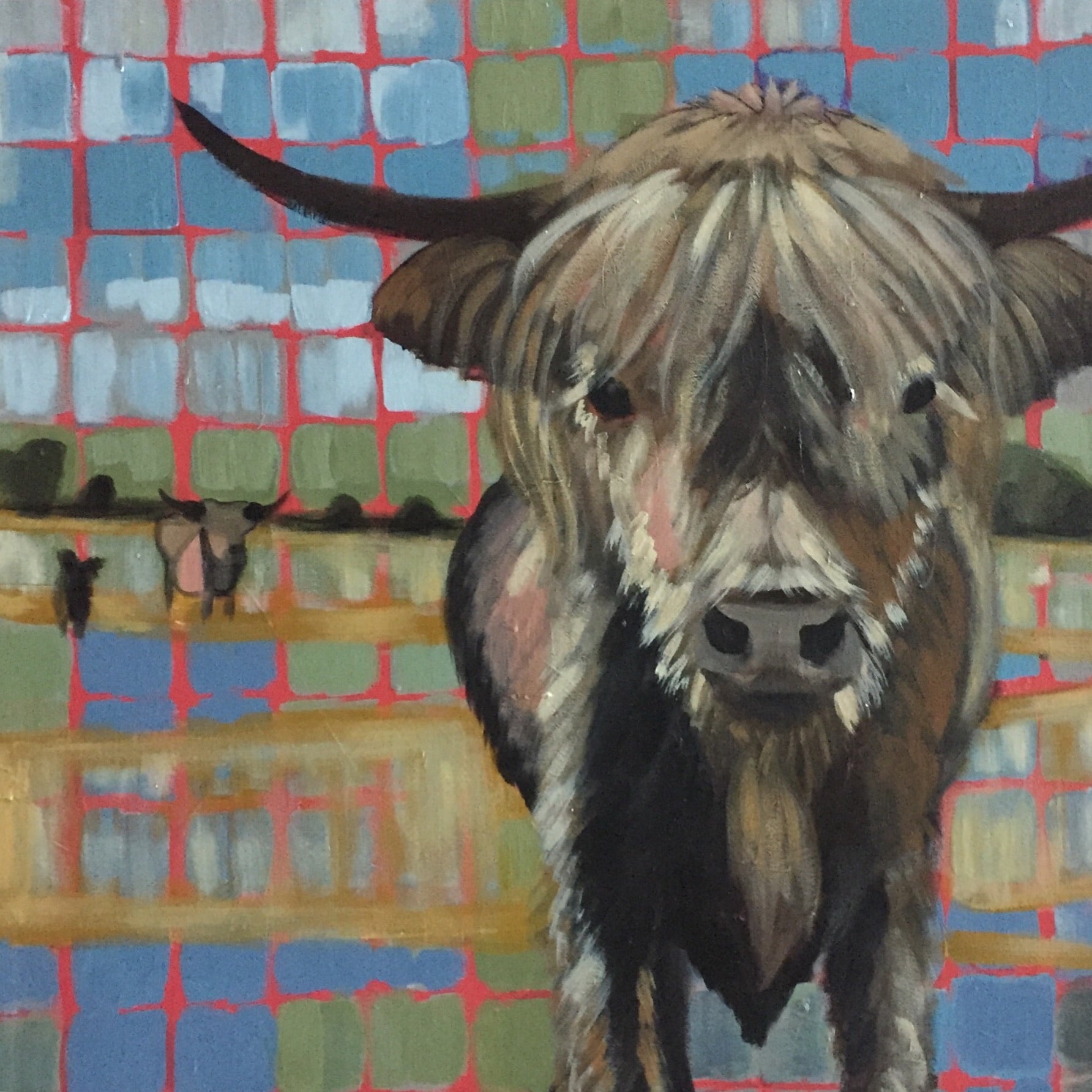 Painting of Scottish Highland cow named Georgia Peach.  Red background with abstract Guthrie clan tartan colors of blue and green.  Cow is in lower right foreground.