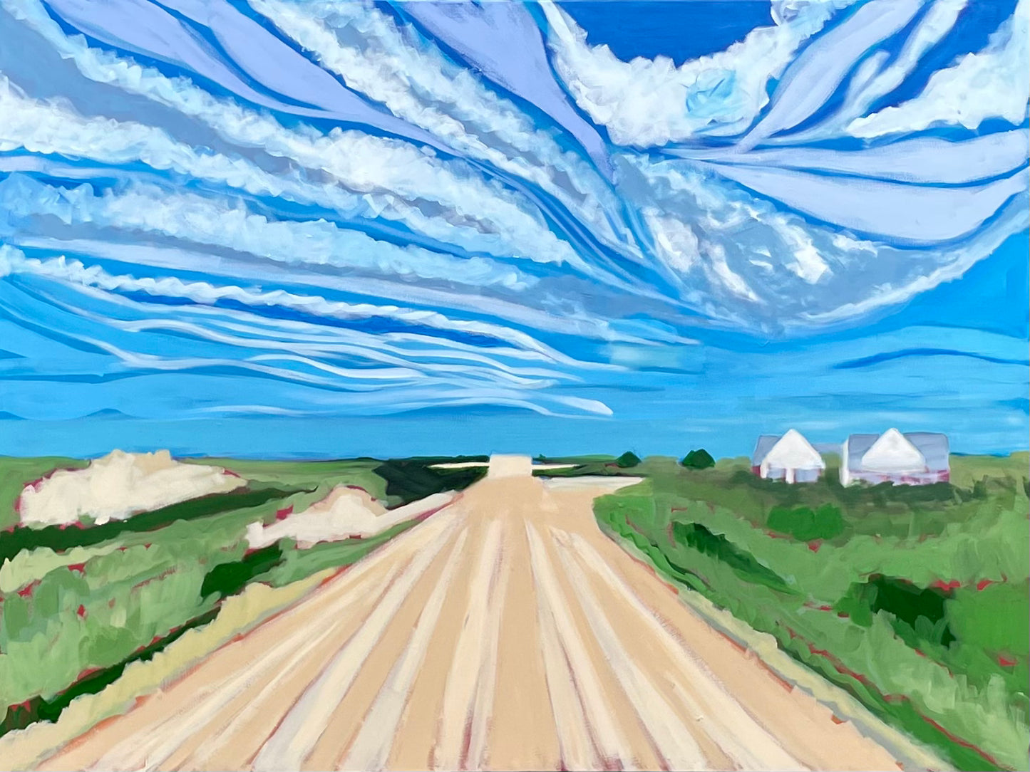 Painting of summer dirt road scene in Oklahoma with a country home and wild, active, swirling blue sky.  Main colors are blue and green.  Painting is called Summer in the City, referring to Oklahoma City.