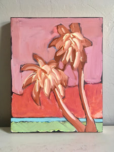 artwork with warm tan palms plus pink and orange, green